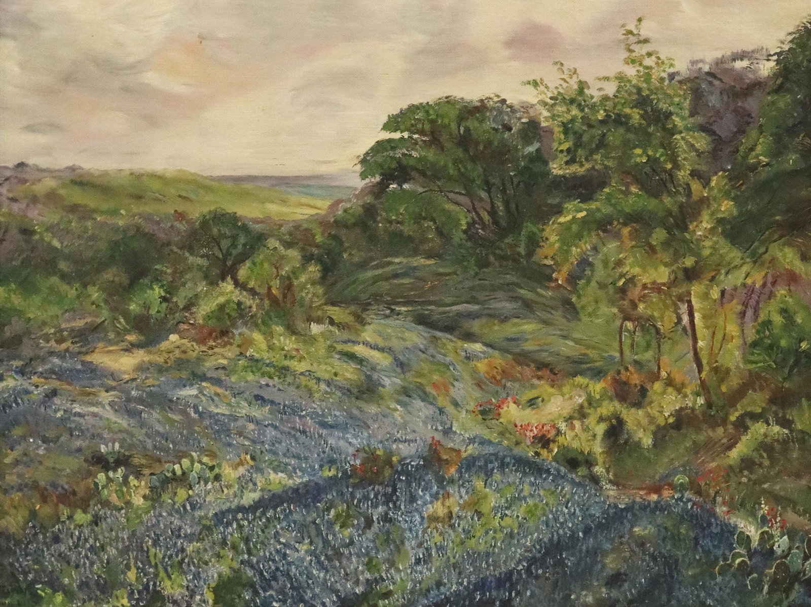 SIGNED OIL ON CANVAS BLUEBONNET LANDSCAPE: Framed oil on canvas painting, Landscape with Bluebonnets, signed lower left Terry (?), dated Aug 21, 19??, sight: approx 20.5"h, 27.5"w, overall: 26.75"h, 33.75"w, 7.75lbs Start Price: $150.00