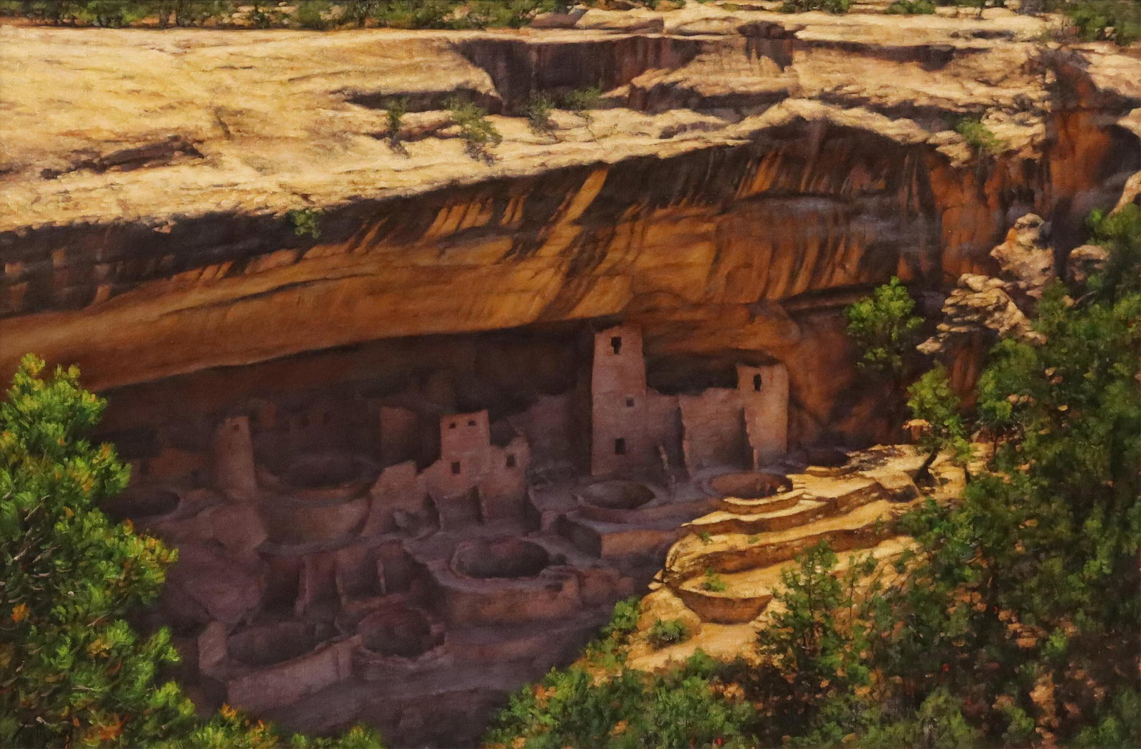 TOM MURRAY (B.1953) MESA VERDE CLIFF PALACE: Framed oil on canvas painting, Cliff Palace - Mesa Verde National Park, signed lower left Tom Murray (American, b.1953), signed again verso and dated 2017, sight: approx 15.5"h, 23.5"w, overall: 22"h,