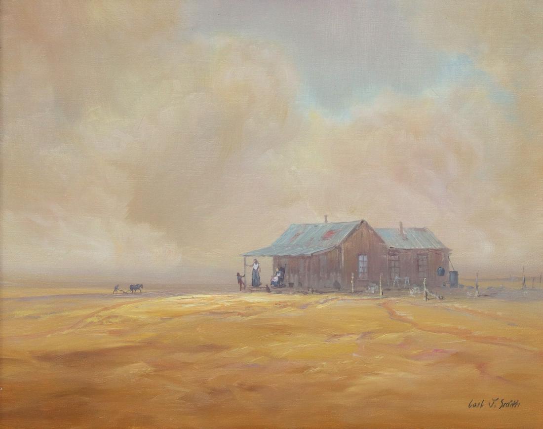 CARL J. SMITH (TX, B.1928) 'REVENGE OF THE WIND': Framed oil on canvas painting, "Revenge of the Wind," signed lower right Carl J. Smith (Texas, b.1928), titled on back stretcher, sight: approx 15.5"h, 19.5"w, overall: 23.25"h, 27.25"w, 4.75lbs Start