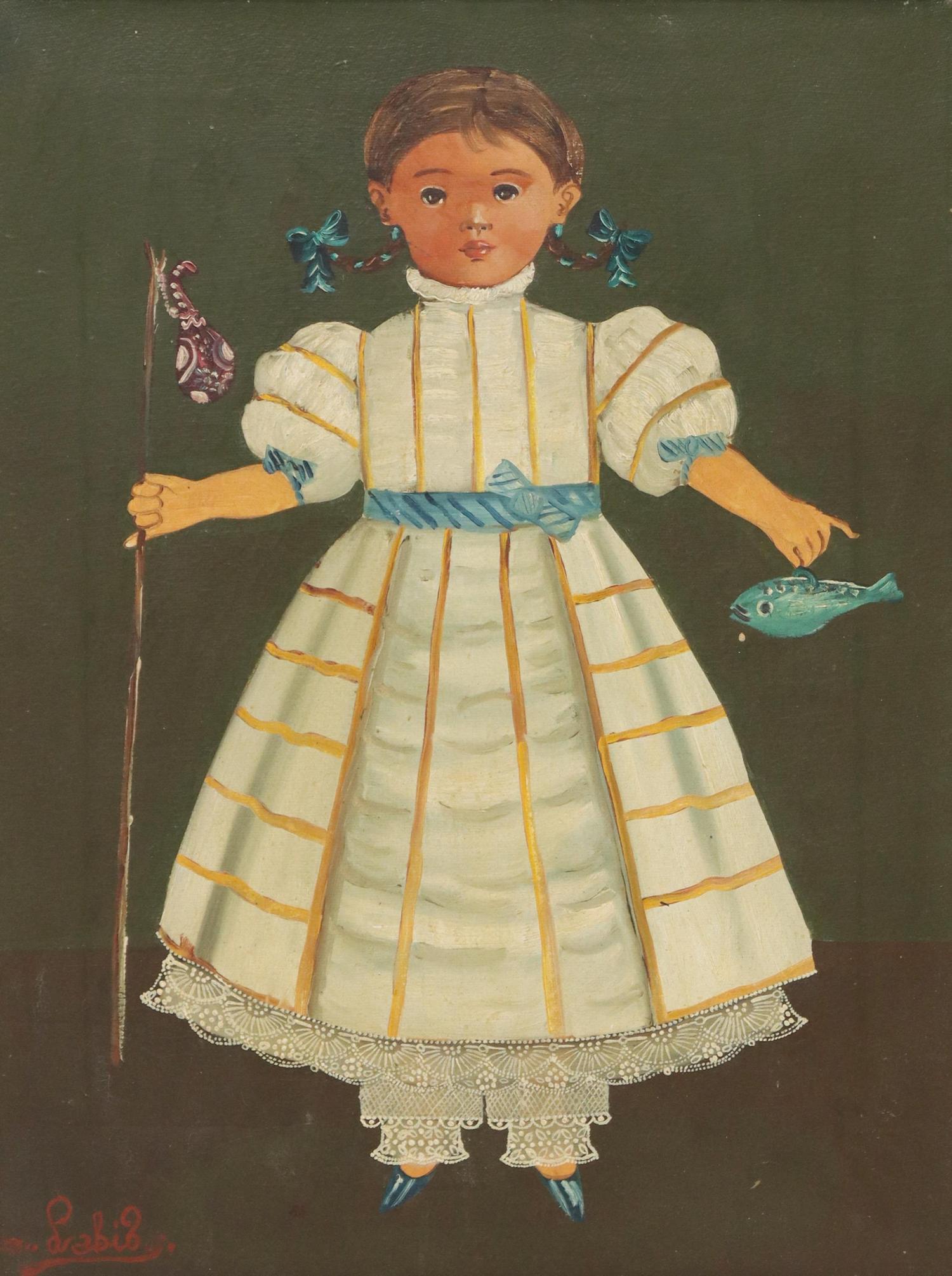AGAPITO LABIOS (1898-1996) PORTRAIT OF YOUNG GIRL: Framed oil on canvas painting, Portrait of a Young Girl with Fish and Staff, signed lower left A. Labios (Agapito Labios, Mexican, 1898-1996), Carnaval de Ninas Mexicanas label verso, sight: approx 16