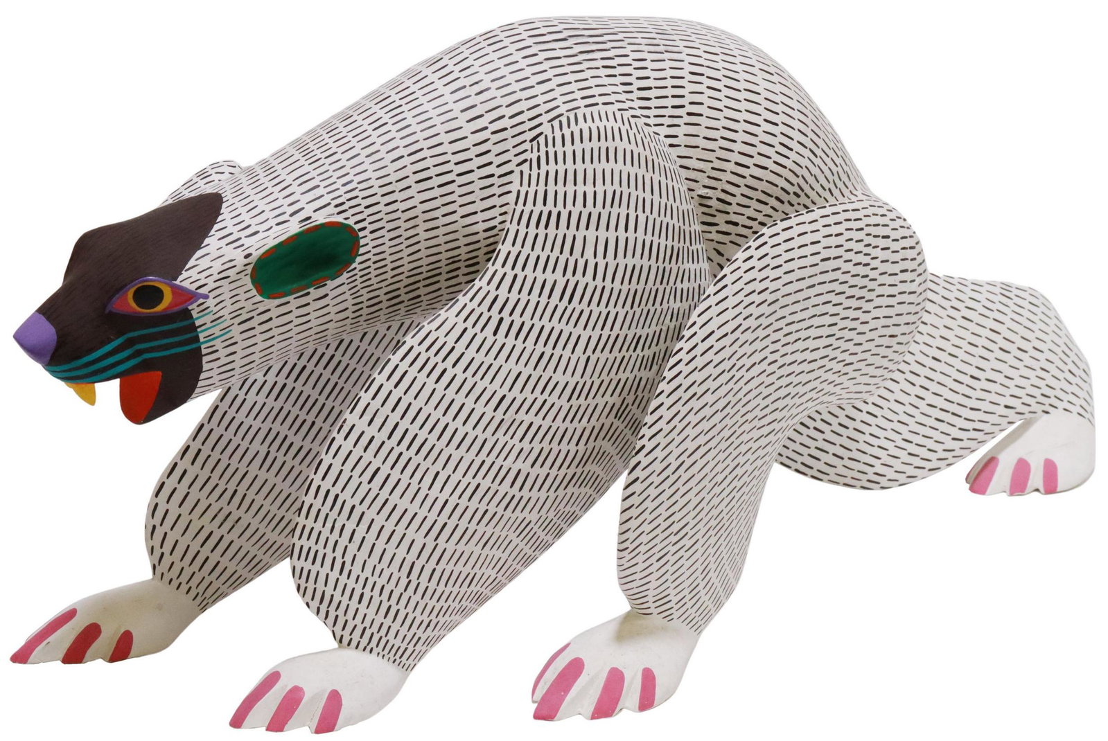 ARMANDO JIMENEZ OAXACA MEXICO ALIBRIJE POLAR BEAR: Mexican folk art carved and painted wood alebrije figure, Polar Bear, signed Armando Jimenez (Armando Jimenez Aragon, Oaxaca, Mexico, 20th c.), approx 9.5"h, 22"w, 6.5"d, 3.5lbs Start Price: $150.00
