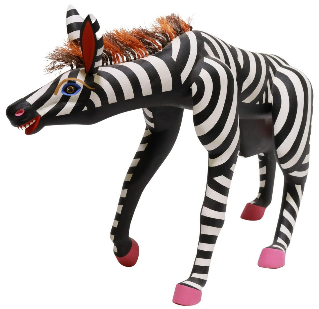 LUIS PABLO OAXACA MEXICO PAINTED ALEBRIJE ZEBRA: Mexican folk art carved and painted wood alebrije figure, Zebra, signed L. Pablo (Luis Pablo, Oaxaca, 20thc..), with polychrome mane and tail, approx 11"h, 18"w, 6.5"d, 4lbs Start Price: $150.00