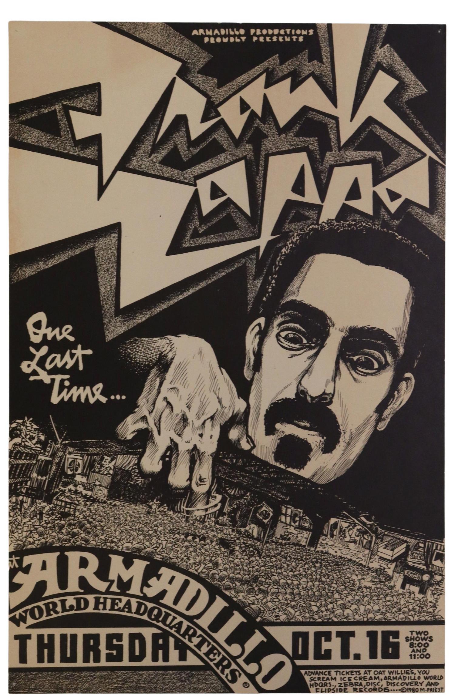 ARMADILLO WORLD HQ FRANK ZAPPA CONCERT POSTER: Armadillo World Headquarters Frank Zappa concert poster, One Last Time, Micael Priest (American, 1951-2018), October 16th, 1980, pin holes to corners, tonng to back, sheet: approx 16.75"h, 11"w **Prov