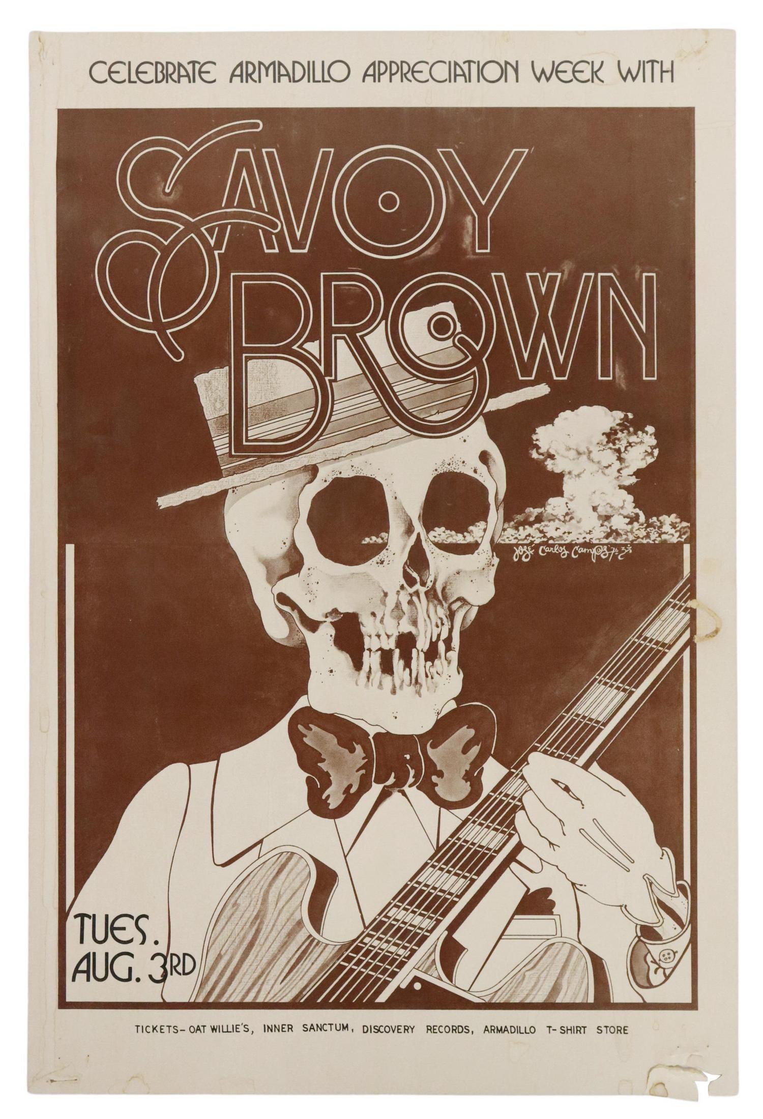 ARMADILLO WORLD HQ SAVOY BROWN CONCERT POSTER: Armadillo World Headquarters Savoy Brown concert poster, Jose Carlos Campos, Tuesday August 3rd, 1976, staple holes at corners, small tear/loss at lower right corner, staining/drips, some toning, shee