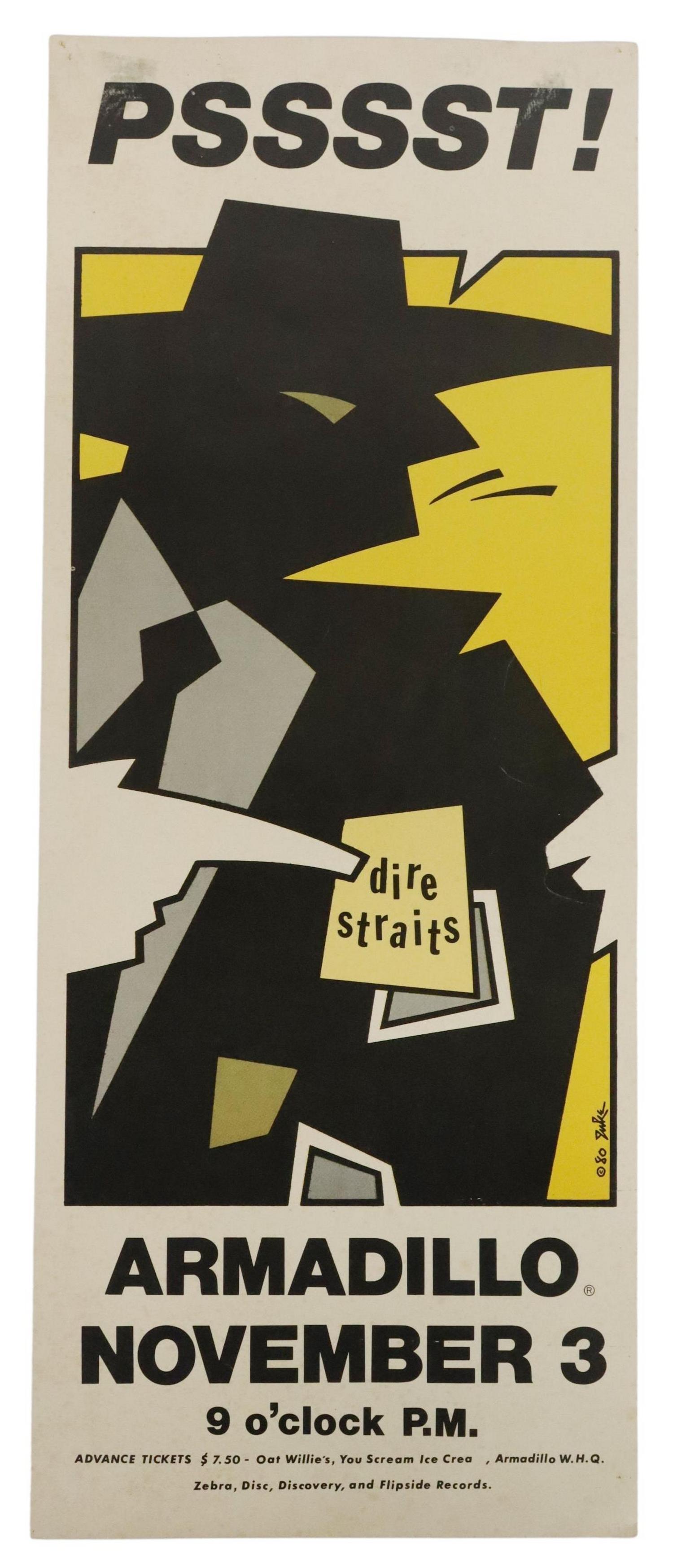 ARMADILLO WORLD HQ DIRE STRAITS CONCERT POSTER: Armadillo World Headquarters Dire Straits PSSSST! concert poster, Guy Juke (William De White, American, b.1951), November 3rd, 1980, pin holes, some slight creasing, toning, spotting, sheet: approx 22