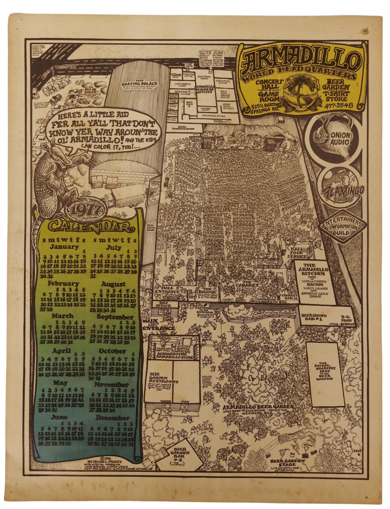 ARMADILLO WORLD HQ 1977 CALENDAR POSTER PREIST: Armadillo World Headquarters 1977 Calendar Poster, Micael Preist (American, 1951-2018), staple holes and some creasing at corners, toned, some stains/drips, sheet: approx 22"h, 17"w **Provenance: from