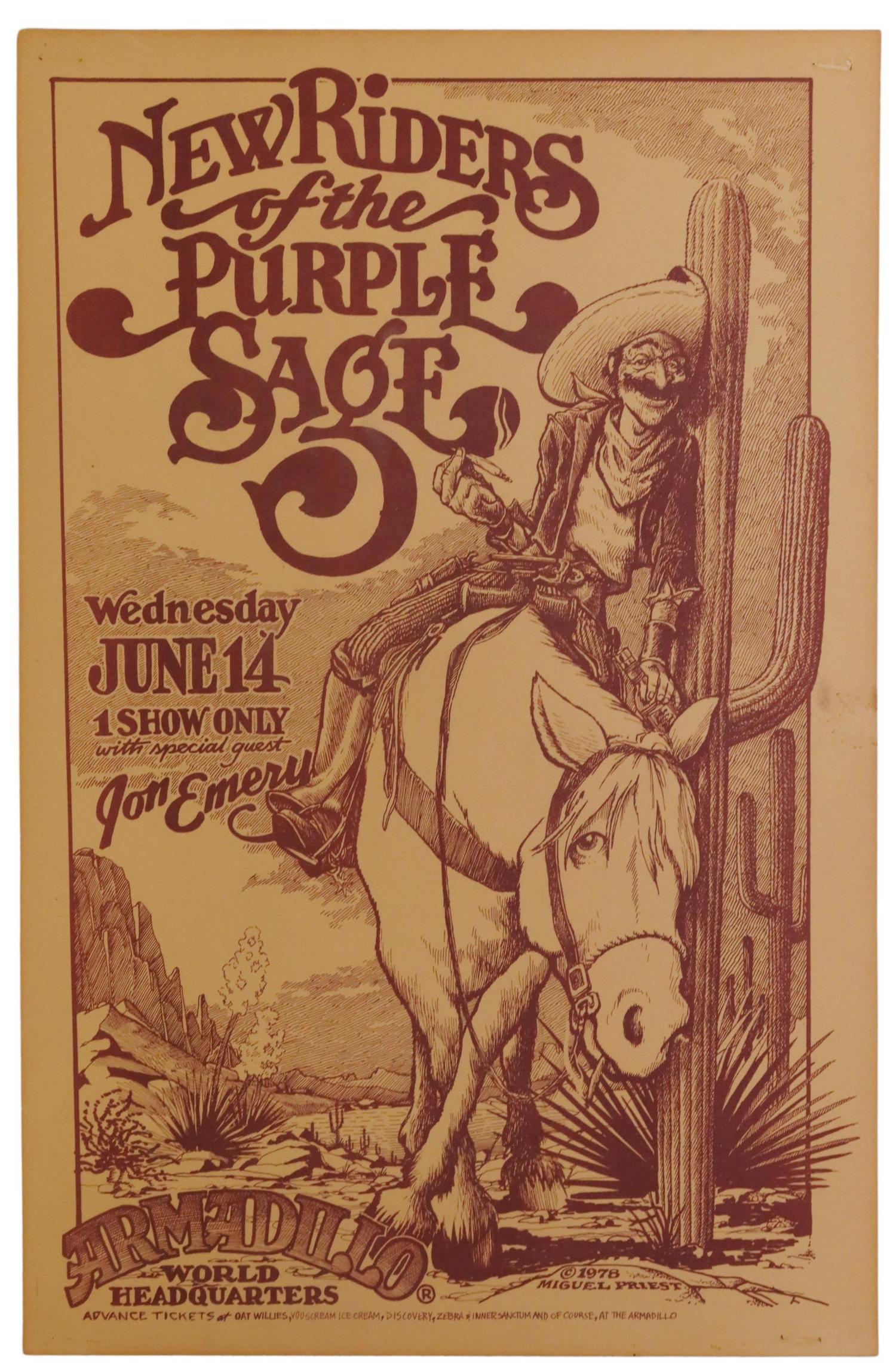 ARMADILLO WORLD HQ NEW RIDERS PURPLE SAGE POSTER: Armadillo World Headquarters New Riders of the Purple Sage concert poster, with Jon Emery, Micael Priest (American, 1951-2018), Wednesday June 14th, 1978, staple holes at corners, toned, some spotting