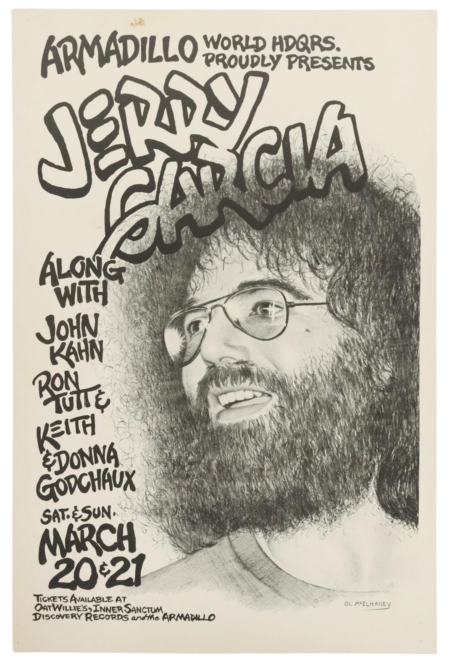 ARMADILLO WORLD HQ JERRY GARCIA CONCERT POSTER: Armadillo World Headquarters Jerry Garcia concert poster, along with John Kahn, Ron Tutt & Keith, and Donna Godchaux, G.L. McElhaney, March 20th and 21st, staple holes to corners, some typical toning,