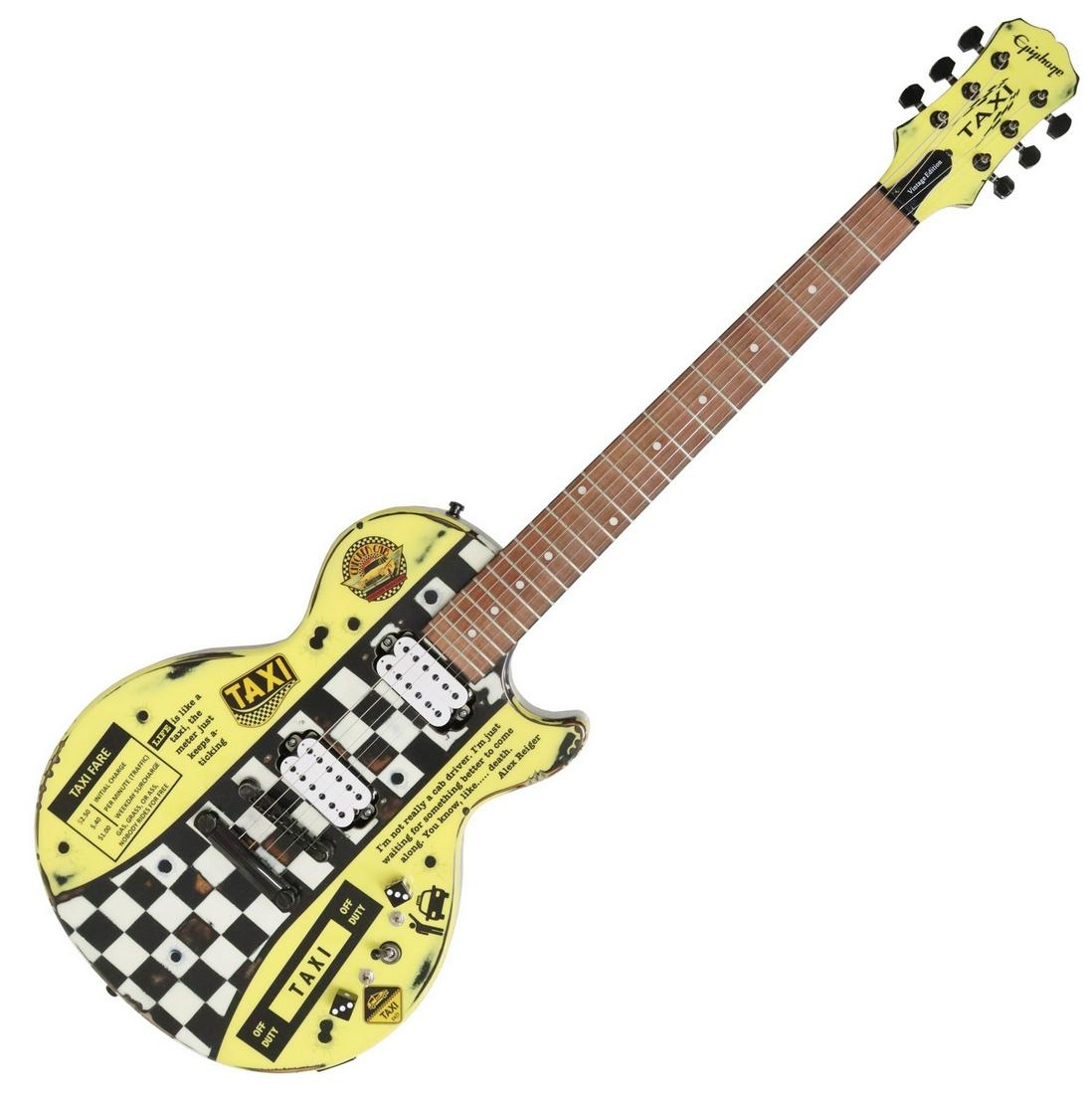 EPIPHONE HAND-PAINTED LES PAUL "VINTAGE EDITION": Hand painted Les Paul â€œVintage Edition” in Taxi theme, dice knobs, new NDGV white Predator Humbucker pickups, new 1/8 toggles for coil splitting, upgraded black tuners, for shipping purpos