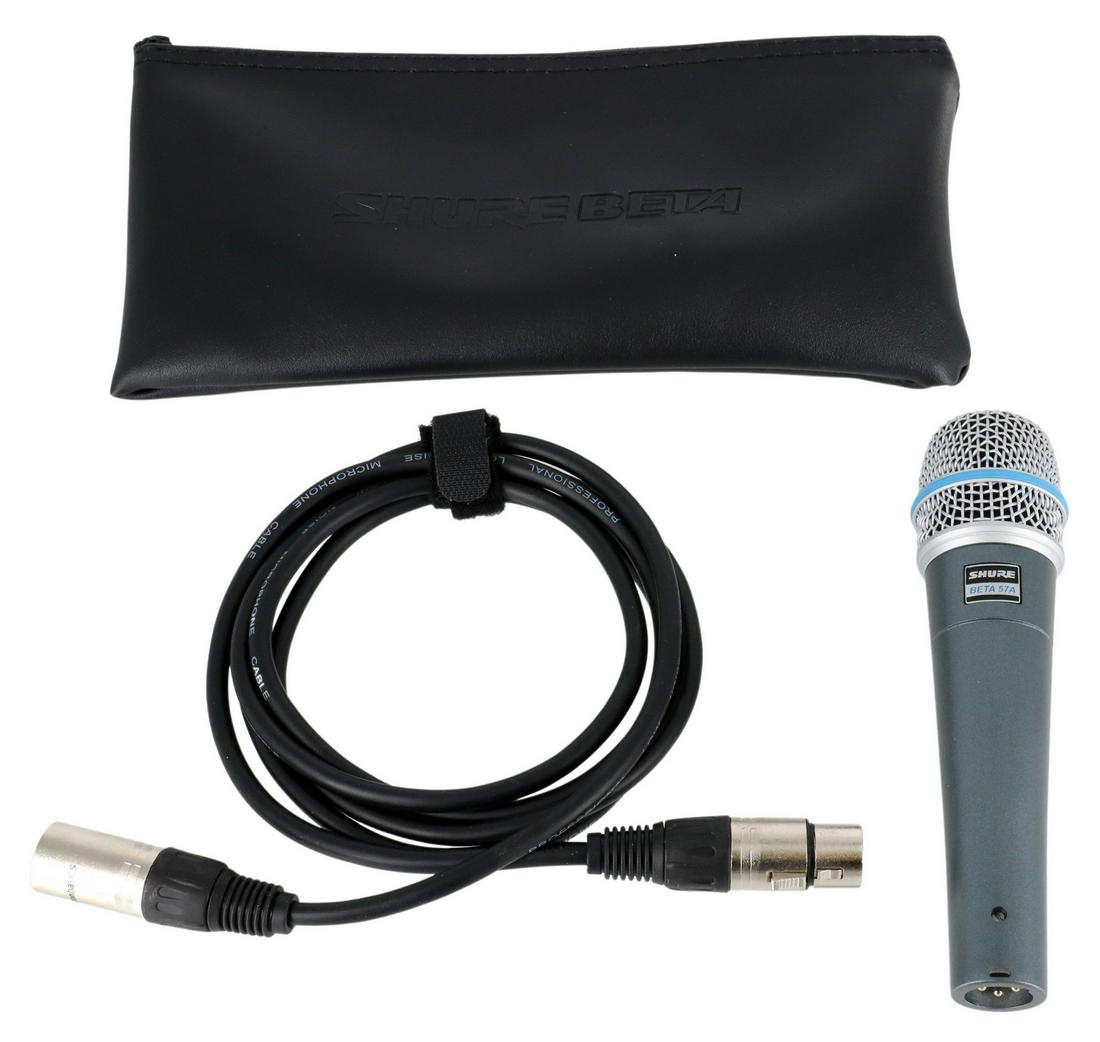 SHURE BETA 57A MICROPHONE WITH POUCH: Shure Beta 57a microphone, with pouch and XLR cable, for shipping purposes: (microphone) approx 6"h, 1.5"w, 1.5"d, 1.1lbs total **Provenance: an Austin, Texas collection** Start Price: $80.00