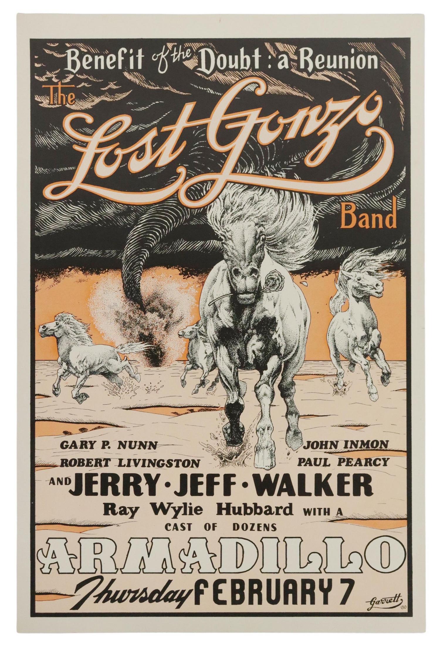 ARMADILLO WORLD HQ LOST GONZO BAND CONCERT POSTER: Armadillo World Headquarters The Lost Gonzo Band concert poster, featuring Jerry Jeff Walker and Ray Wylie Hubbard with a Cast of Dozens, Danny Garrett (American, b.1945), Thursday February 7th, 1980,
