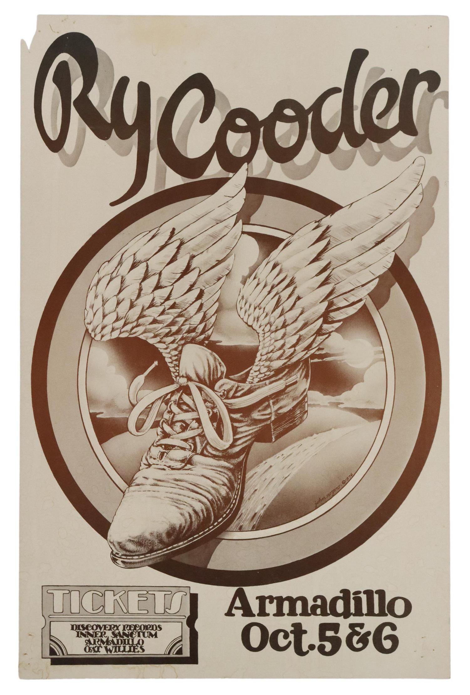 ARMADILLO WORLD HQ RY COODER CONCERT POSTER: Armadillo World Headquarters Ry Cooder concert poster, John Rogers, October 5th and 6th, 1976, staple holes at corners, tear at upper left corner, spotting, some drips and light discoloration,, sheet: