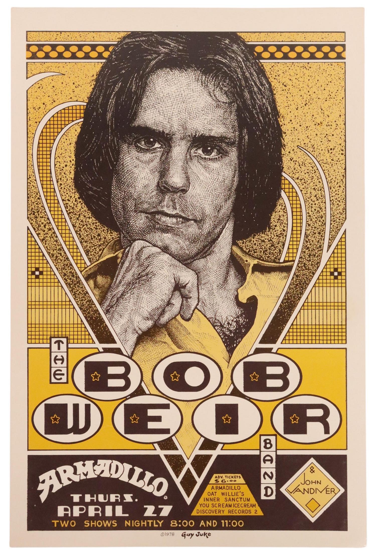 ARMADILLO WORLD HQ BOB WEIR BAND CONCERT POSTER: Armadillo World Headquarters The Bob Weir Band concert poster, John Vandiver, Guy Juke (William De White, American, b.1951), Thursday April 27th, 1978, small loss at upper left corner, toning, small s