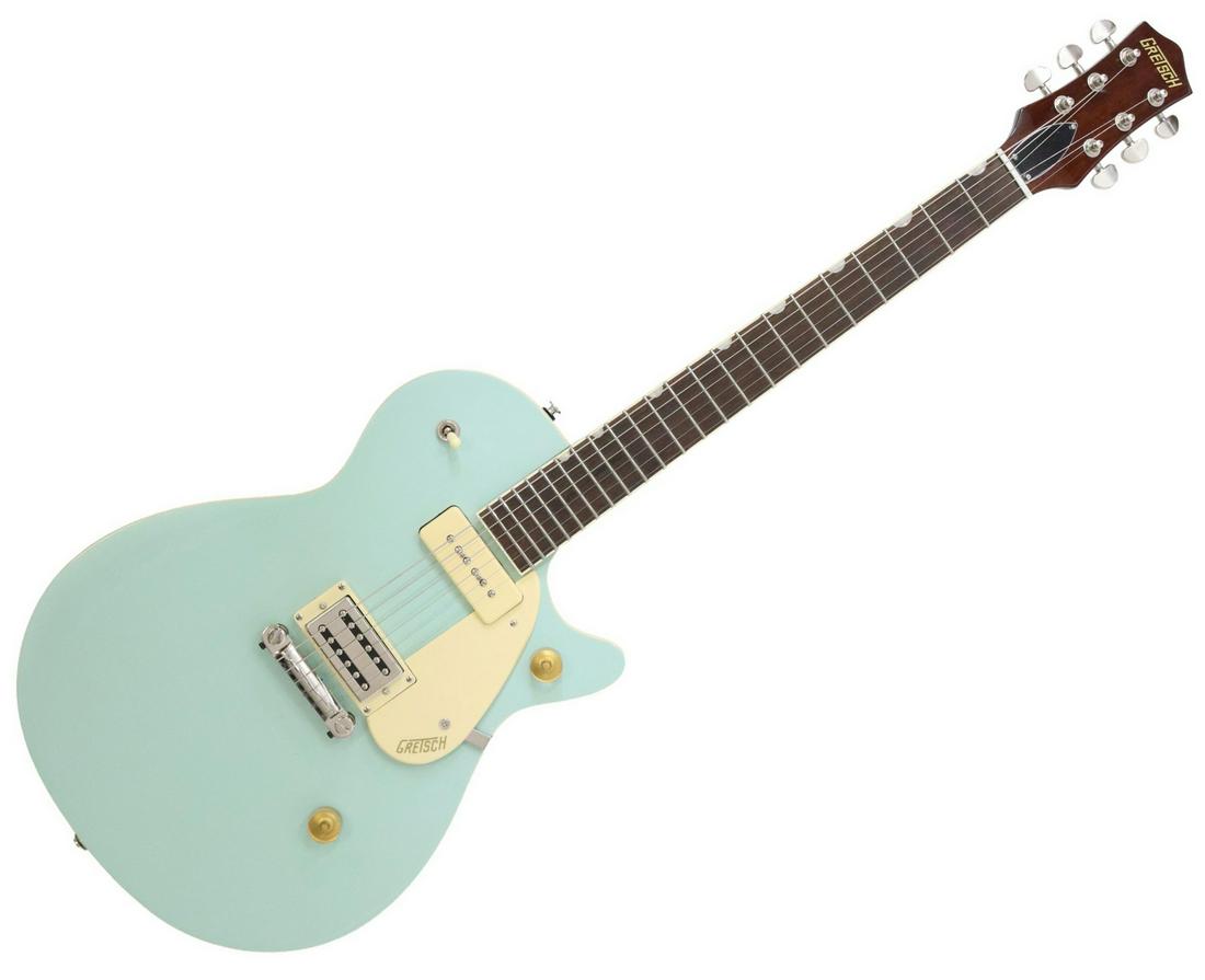 GRETSCH G2215-P90 STREAMLINER JJC ELECTRIC GUITAR: Gretsch Streamliner Junior Jet Club guitar, mint metallic finish, P90 in neck position, Gretsch Filtertron pickup at bridge. Laurel fingerboard, accompanied by Cahaya soft guitar bag, for shipping pur