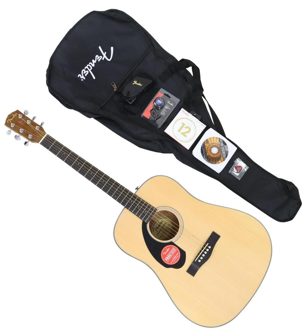 FENDER CD-60S DREADNOUGHT LEFT HANDED GUITAR: Fender left handed acoustic guitar, Classic Design Series, model: CD-60S Dread LH/ NAT, serial number: IPS200809231, accompanied by gig bag, tuner, strap, strings, and picks, cosmetic dent at back edg