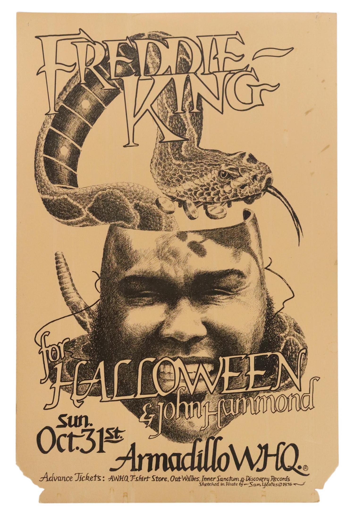 ARMADILLO WORLD HQ FREDDIE KING CONCERT POSTER: Armadillo World Headquarters Freddie King Halloween concert poster, featuring John Hammond, Sam Yeates (American, b.1951), October 31st, 1976, loss to bottom corners, staple holes, some spotting and d