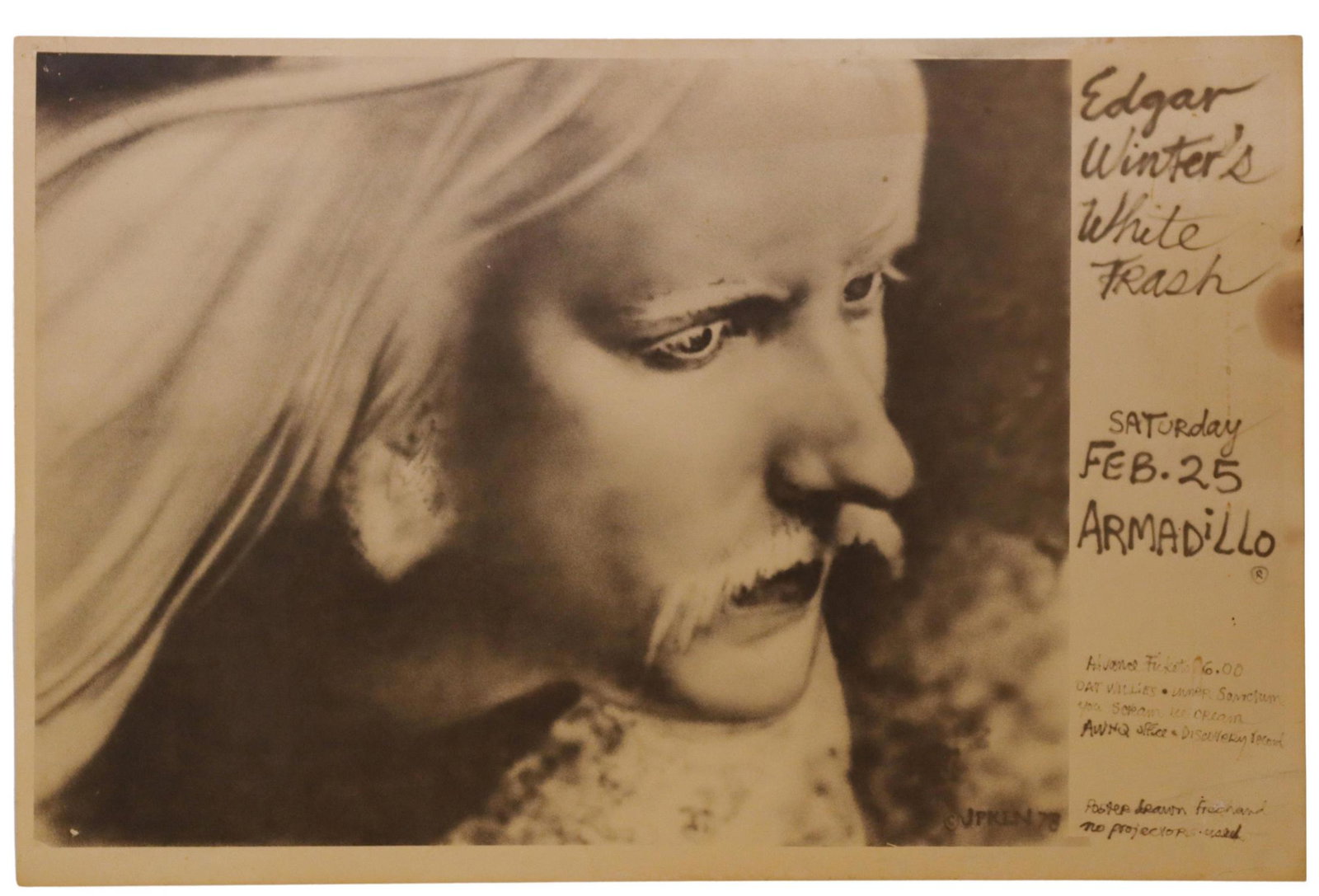 ARMADILLO WORLD HQ EDGAR WINTER CONCERT POSTER: Armadillo World Headquarters Edgar Winter's White Trash concert poster, Jim Franklin (American, b.1943), Saturday February 25th, 1978, staple holes to upper corners, toned, some stains/spotting, sheet