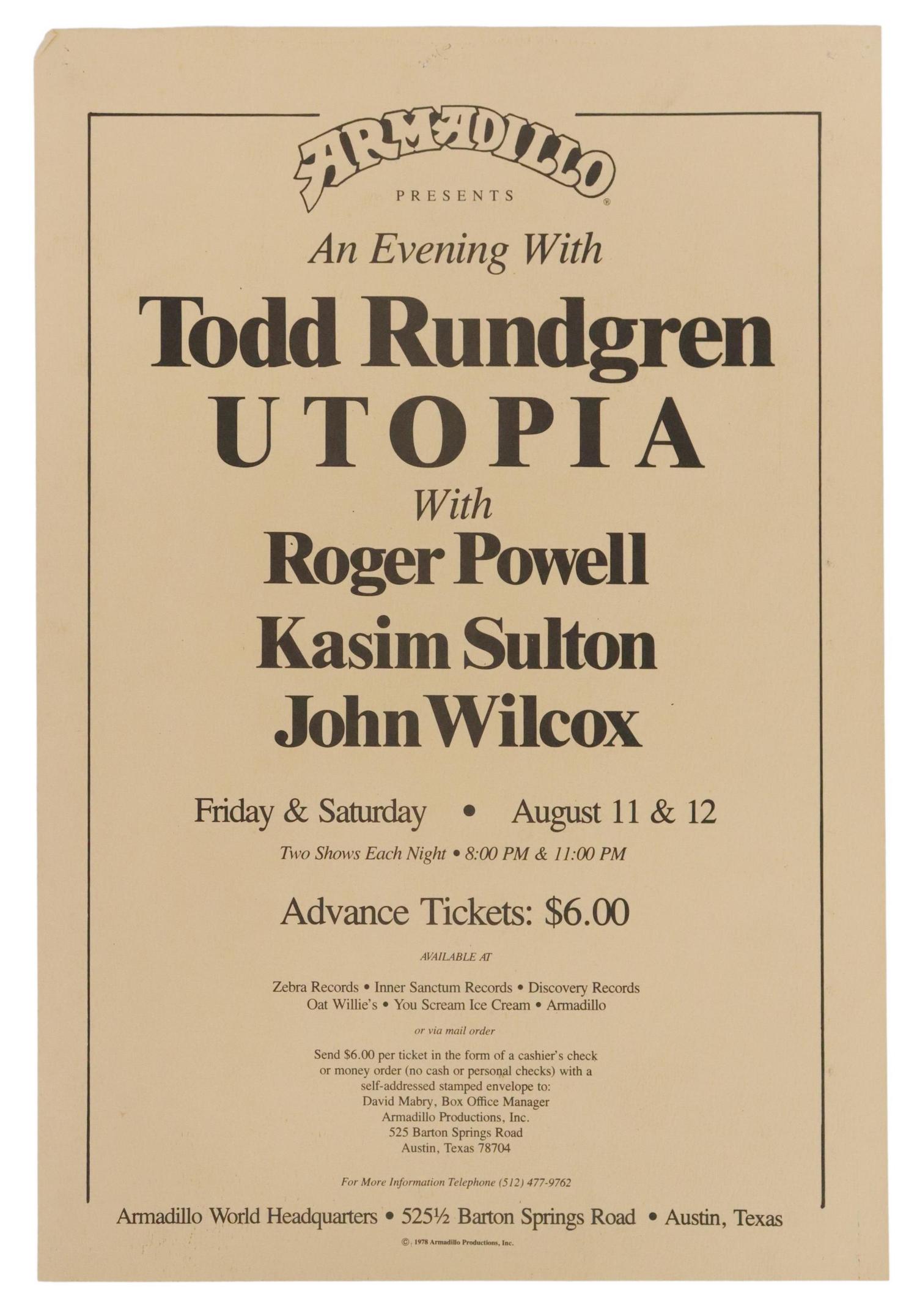 ARMADILLO WORLD HQ TODD RUNDGREN CONCERT POSTER: Armadillo World Headquarters Todd Rundgren Utopia concert poster, with Roger Powell, Kasim Sulton, and John Wilcox, August 11th and 12th, staple holes at corners, some creasing, toned, sheet: approx 1