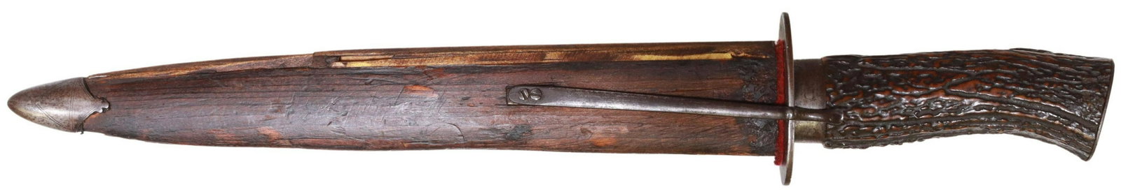 BOWIE KNIFE, LATE 19TH C, STAG HANDLE, WOOD SHEATH: Bowie knife, late 19th c., having a 11.25" clip point unmarked blade, steel guard, silver tone bolster possibly marked "O" or "U", stag handle, silver tone pommel with foliate scrolled engraving, hous