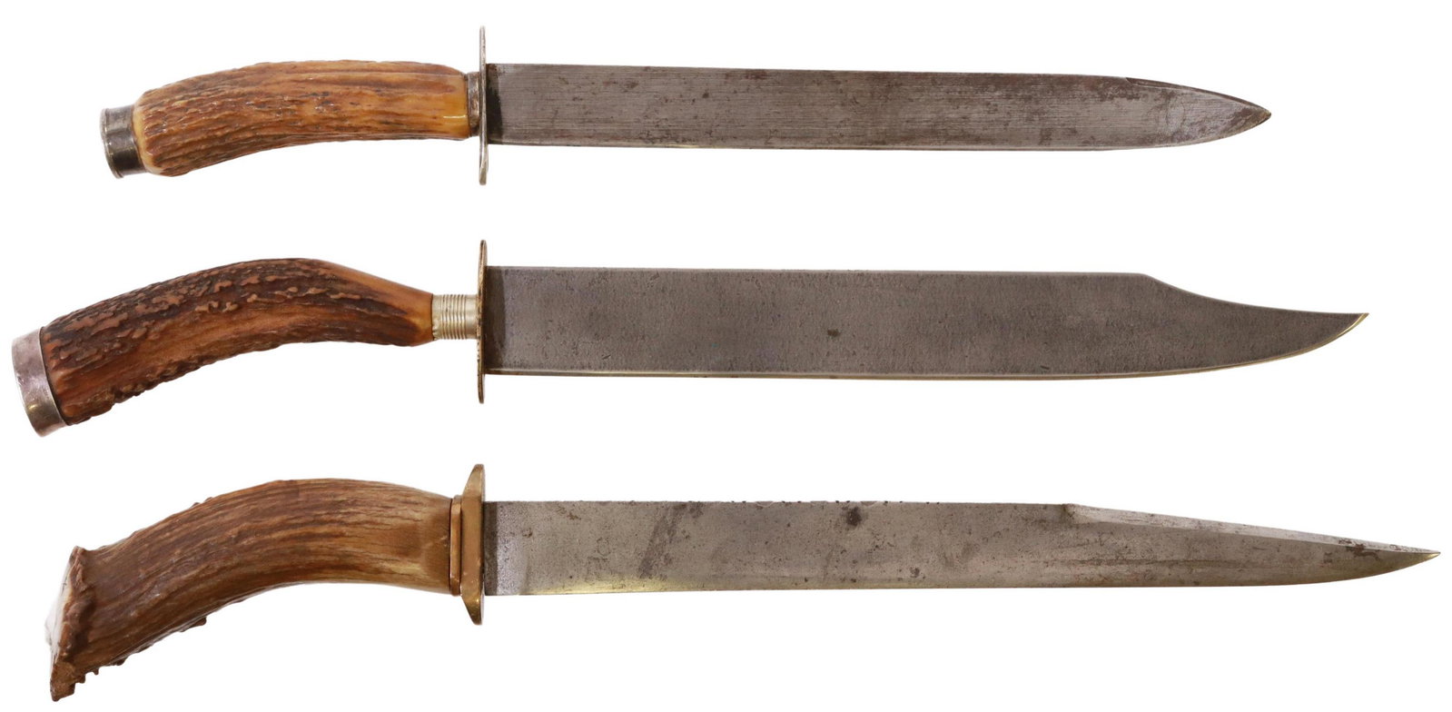 (3) STAG HANDLE KNIVES: (lot of 3) Stag handle knives: (1) clip point 12" blade marked at the ricasso with double stamped uppercase letters including D, Y, E, partial serration's at spine, brass guard, antler handle with scr
