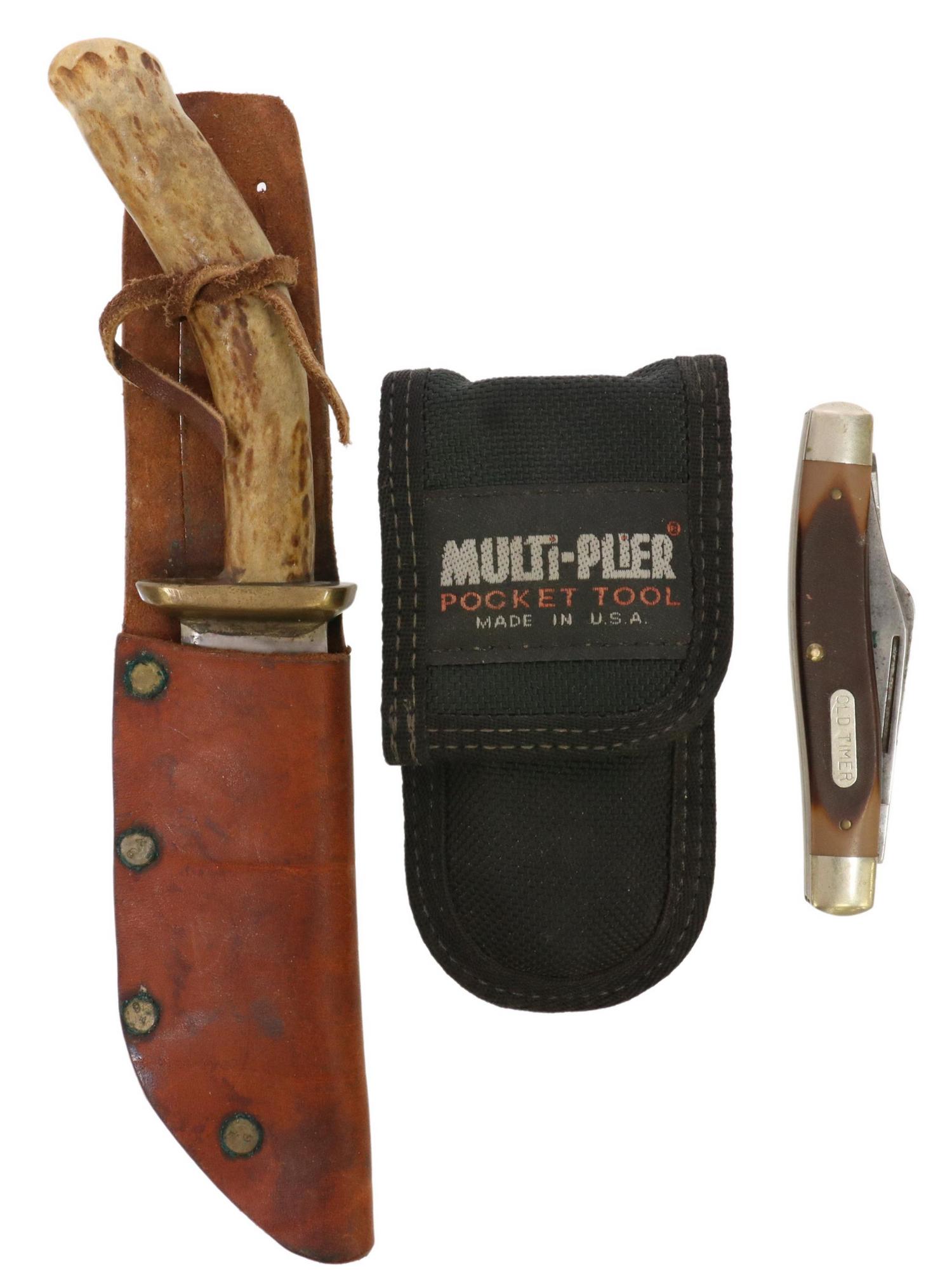 (3) KNIVES & GERBER MULTI-TOOL: (lot of 3) Knives and Multi-Tool: (1) Schrade Old TImer three blade pocket knife, Model 80T, longest blade: 3"l, (1) fixed straight back 4.25" blade, brass guard with verdigris, antler handle, overall