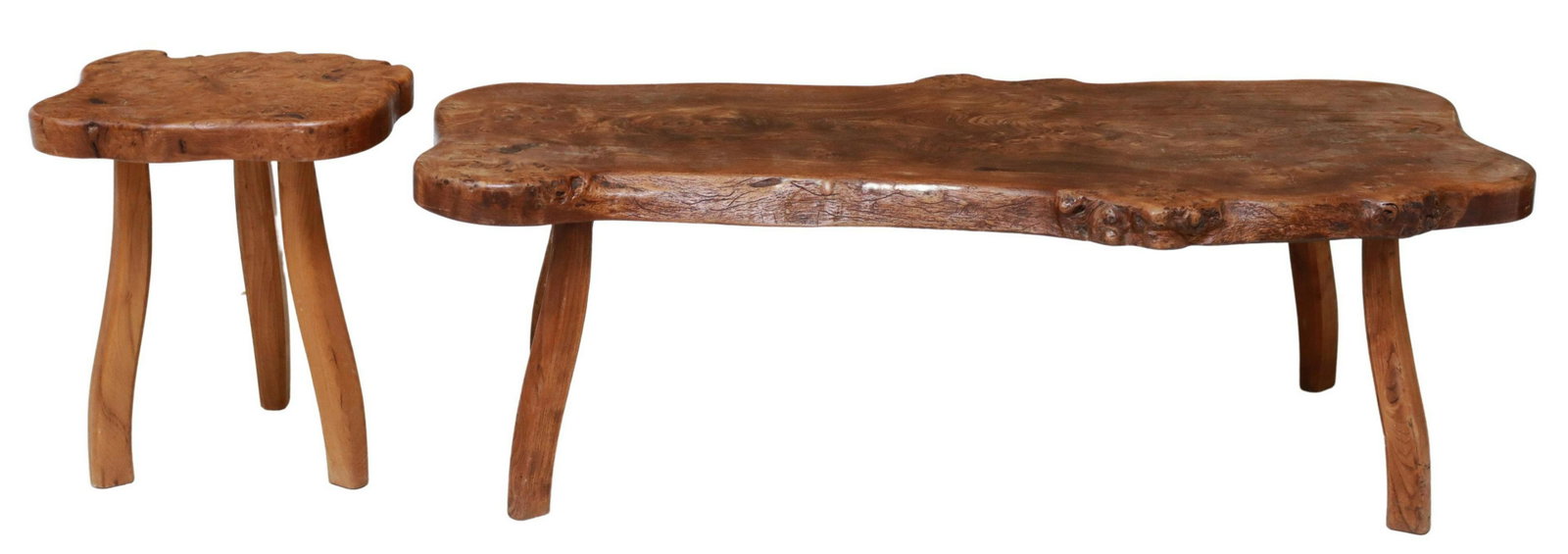 (2) RUSTIC LIVE EDGE COFFEE TABLE & STOOL: (lot of 2) Rustic live edge furniture, both rising on naturalistically curved wood legs, including: (1) coffee table, approx 15.75"h, 48"l, 24.5"w; (1) stool, approx 17.75"h, 15.5"w, 14"d Start Price: