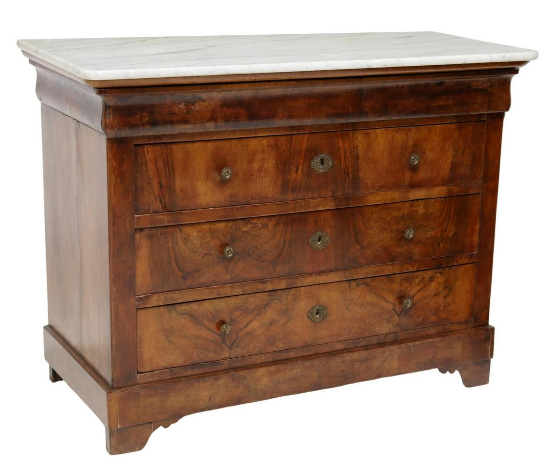FRENCH LOUIS PHILIPPE MARBLE-TOP WALNUT COMMODE: French Louis Philippe period burled walnut commode, mid 19th c., having marble top, fitted with ogee frieze drawer, over three additional drawers, rising on bracket feet, approx 36"h, 46.75"w, 22"d St