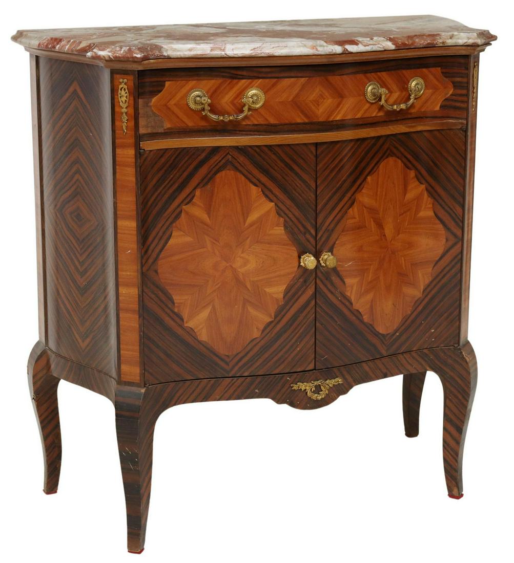 LOUIS XV STYLE MARBLE-TOP PARQUETRY SERVER: Louis XV style marble-top cabinet/ server, 20th c., having shaped marble top, above matched veneer drawer and cabinet doors, over apron with metal garland accent, rising on cabriole legs, marble intac