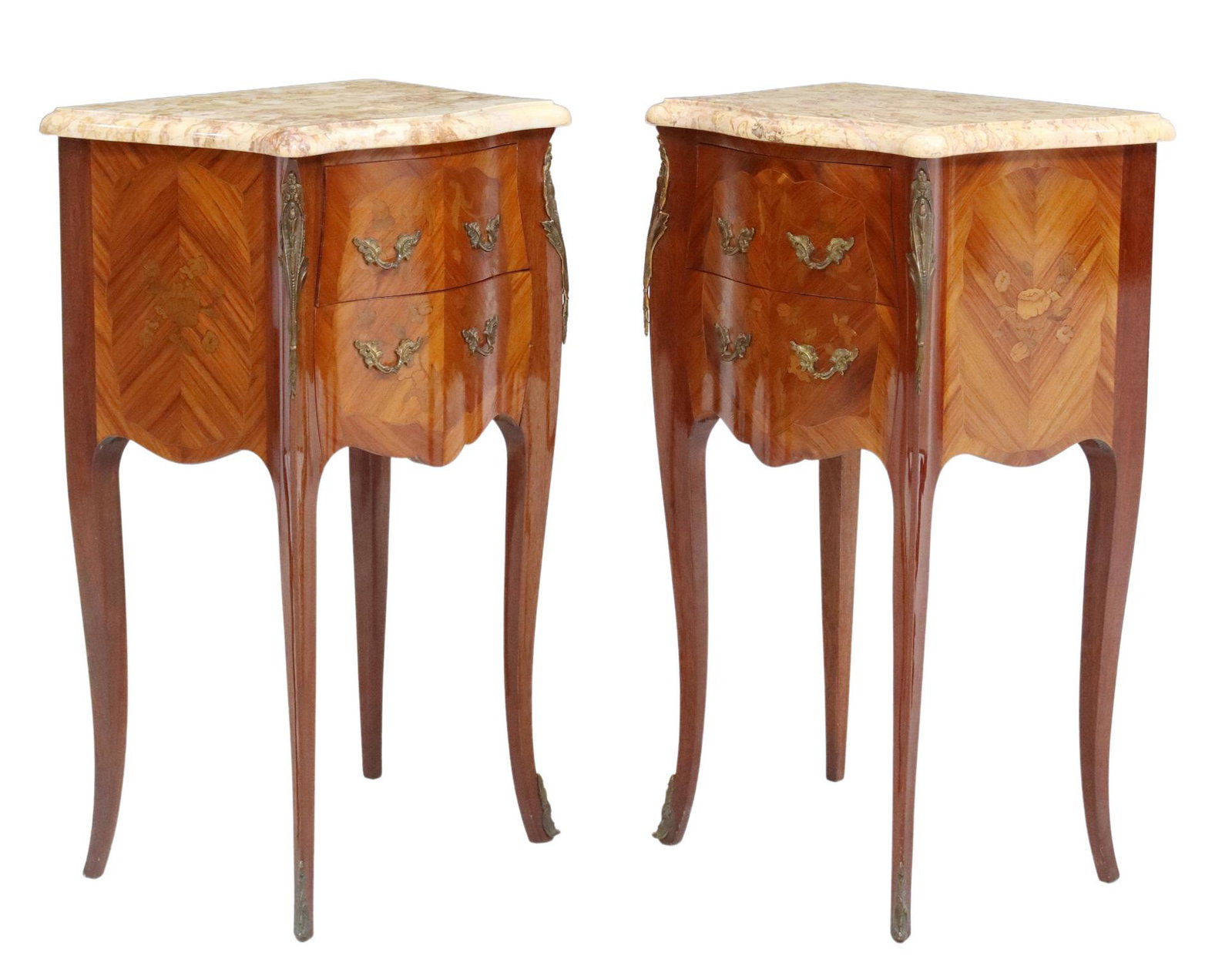 (2) FRENCH LOUIS XV STYLE MARBLE-TOP NIGHTSTANDS: (pair) French Louis XV style nightstands, 20th c., having marble top, front with floral marquetry, fitted with two drawers, rising on cabriole legs, ending on sabots, approx 30"h, 17.75"w, 13"d Start 