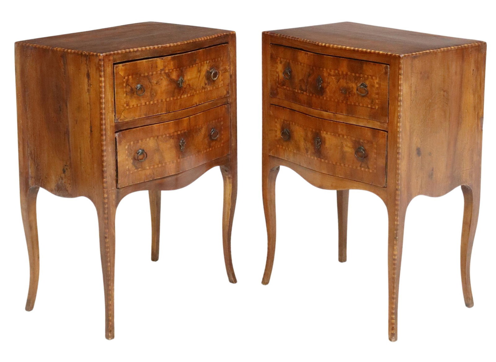 (2) ITALIAN BANDED BURLWOOD NIGHTSTANDS: (pair) Italian burlwood nightstands, early 20th c., having shaped top, over two drawers, with inlaid checkered banding, rising on cabriole legs, approx 28"h, 19.5"w, 13"d Start Price: $200.00