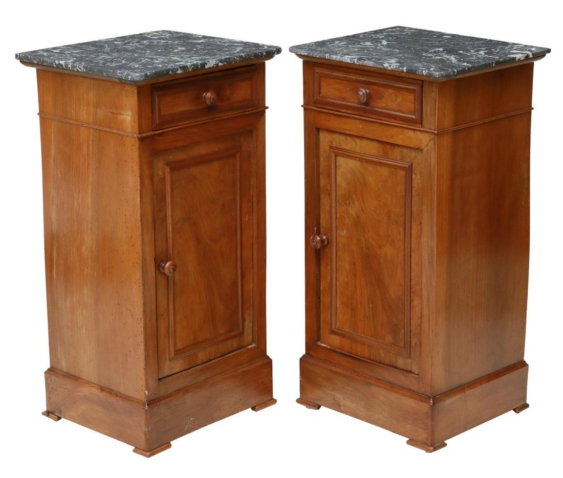(2) FRENCH LOUIS PHILIPPE WALNUT BEDSIDE CABINETS: (pair) French Louis Philippe period walnut bedside cabinets, mid 19th c., having shaped marble top, over single drawer, above paneled cabinet door, opening to shelved interior, rising on platform base