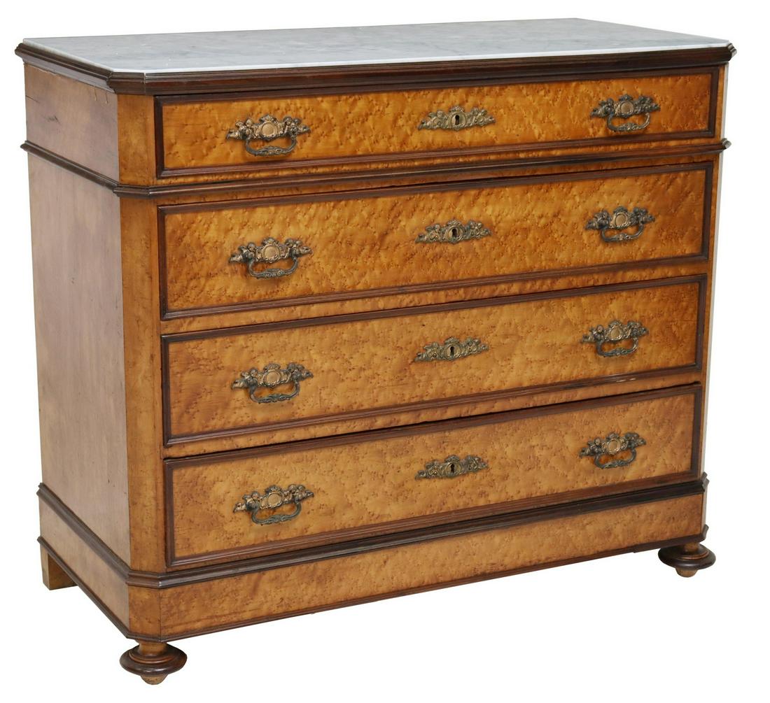 ITALIAN MARBLE-TOP BIRDSEYE MAPLE COMMODE: Italian birdseye maple commode, late 19th c., inset marble top over four drawers, rising on short turned legs, approx 39.75"h, 45.5"w, 21.25"d Start Price: $300.00
