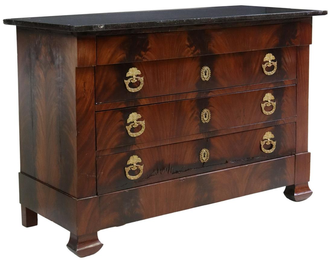 FRENCH MARBLE-TOP MAHOGANY COMMODE: French marble-top mahogany commode, 19th c., projecting frieze drawer, over three additional drawers, rising on bracket feet, separation at side panels, veneer loss along top edge of case, major resto