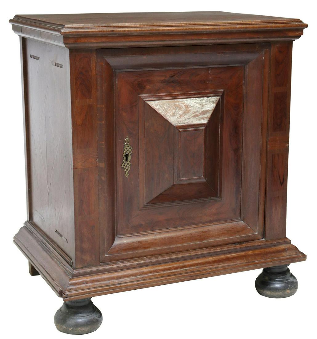 FRENCH LOUIS XIII STYLE CONFITURIER CABINET: French Louis XIII style confiturier cabinet, 19th c., top and side panels with parquetry inlay, single cabinet door with projecting panel, rising on bun feet, veneer losses in apron and parquetry desi