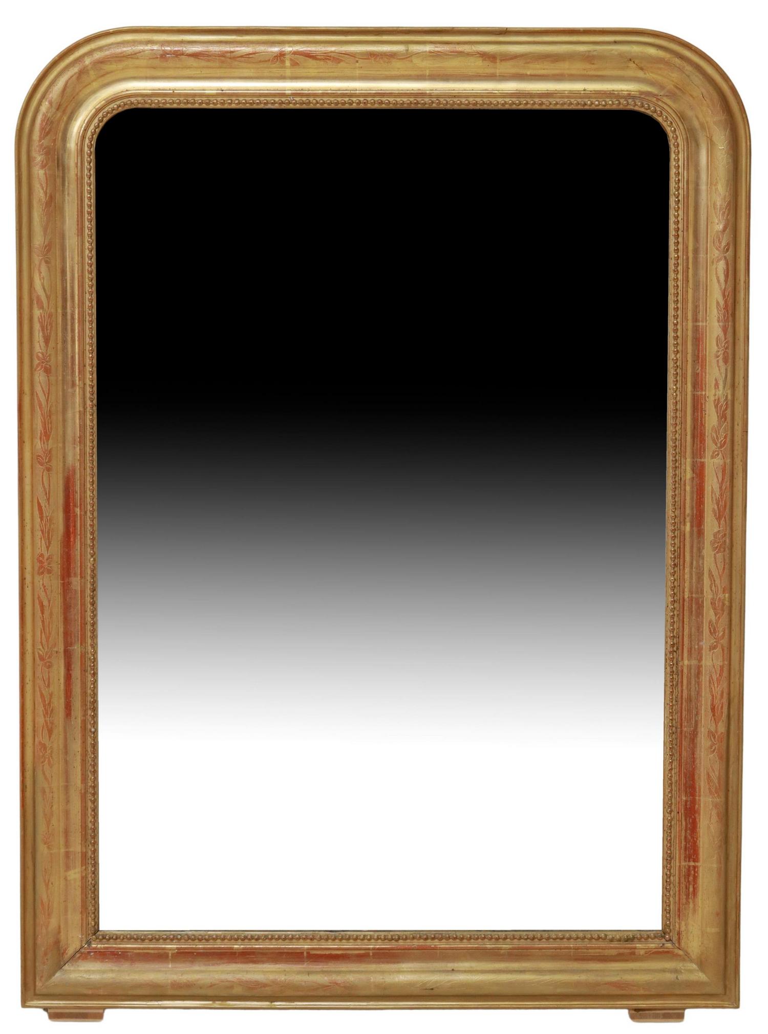 FRENCH LOUIS PHILIPPE PERIOD GILTWOOD MIRROR: French Louis Phillipe period giltwood wall mirror, mid 19th c., having shaped floral embossed frame, with beaded trim, encasing flat mirror plate, approx 46.75"h, 33 7/8"w, lbs Start Price: $200.00
