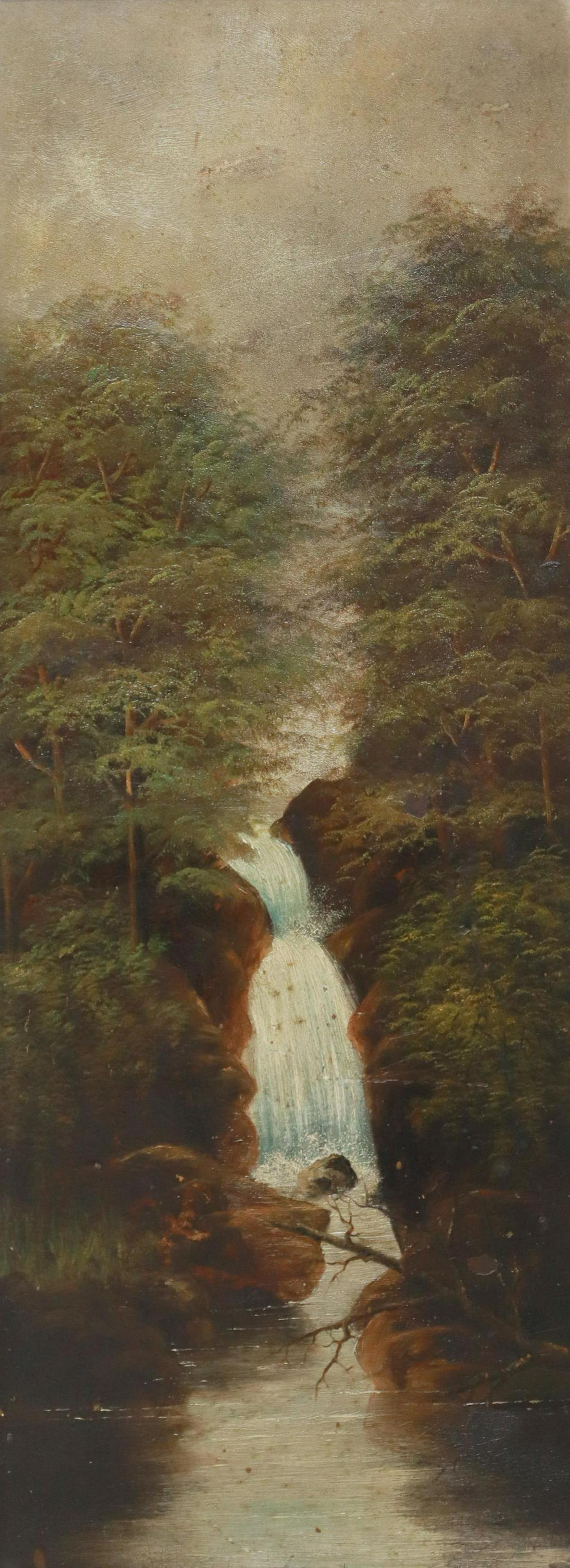AMERICAN SCHOOL OIL PAINTING MULTNOMAH FALLS: Framed oil on board painting, Multnomah Falls, unsigned, some paint loss, sight: approx 23.75"h, 8.75"w, overall: 28"h, 13"w, 3.25lbs Start Price: $150.00