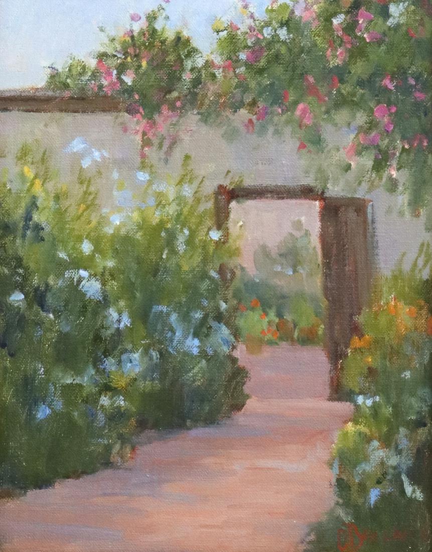 CARRIE BALLARD (TX B.1930) PAINTING MEXICO RETREAT: Framed oil on canvas board painting, "Mexico Retreat," signed lower right C. Ballard (Carrie Ballard, American, b.1930), signed again and titled verso, sight: approx 9.5"h, 7.5"w, overall: 18.25"h, 16