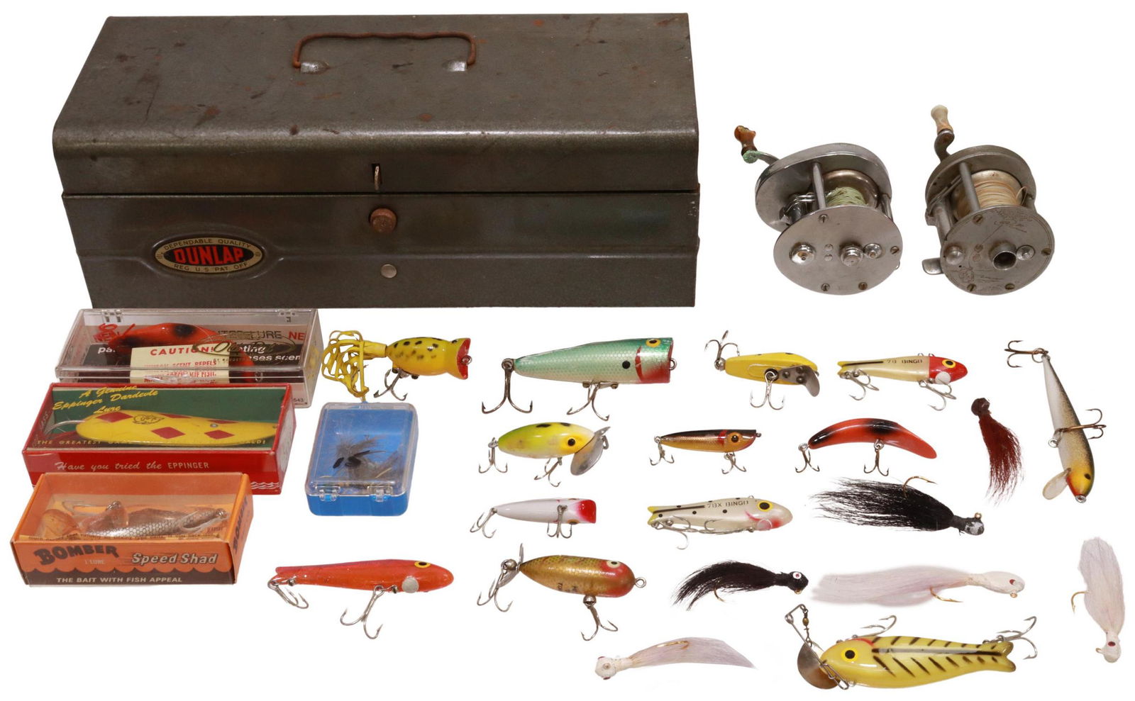 (31) VINTAGE FISHING REELS, LURES & TACKLE BOX: (lot of 31) Vintage fishing reels, lures, and tackle box, including: (7) reels, (two) Johnson Century spincast reels, model 100A , (two) Shakespeare Wondercast reels, model FB, with oxidation to handl