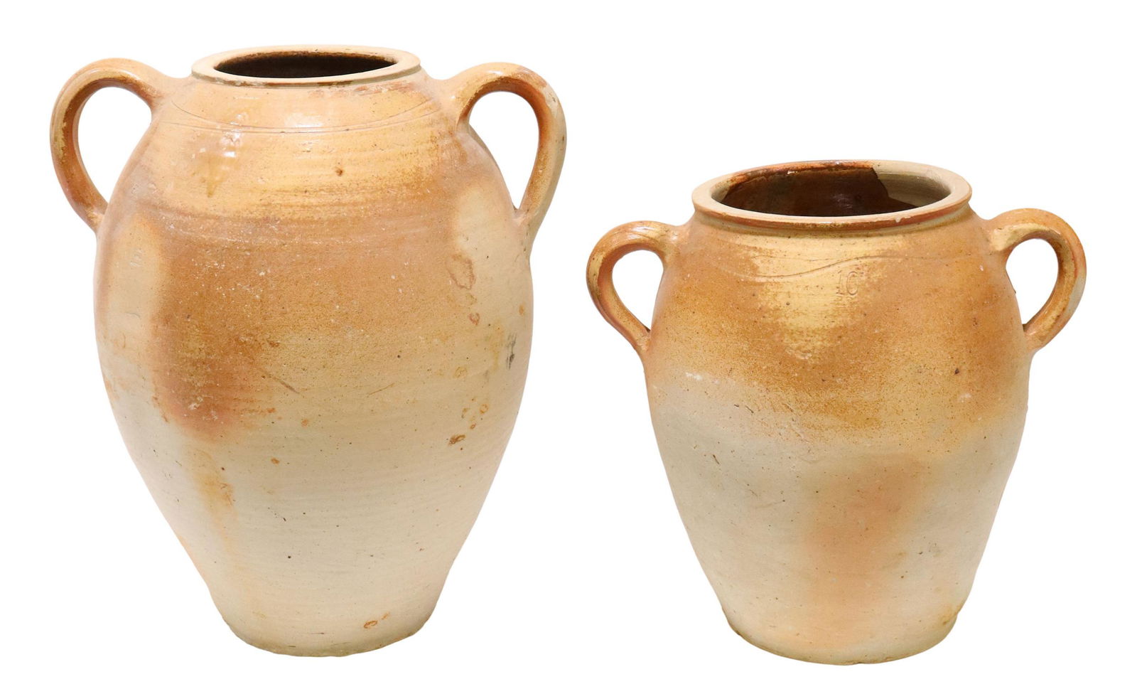 (2) FRENCH PROVINCIAL EARTHENWARE CROCKS: (lot of 2) French Provincial earthenware dual-handled crocks, with tapered body, some typical small chips throughout, largest: approx 19"h, 17"w, 13"d, 28lbs total Start Price: $100.00