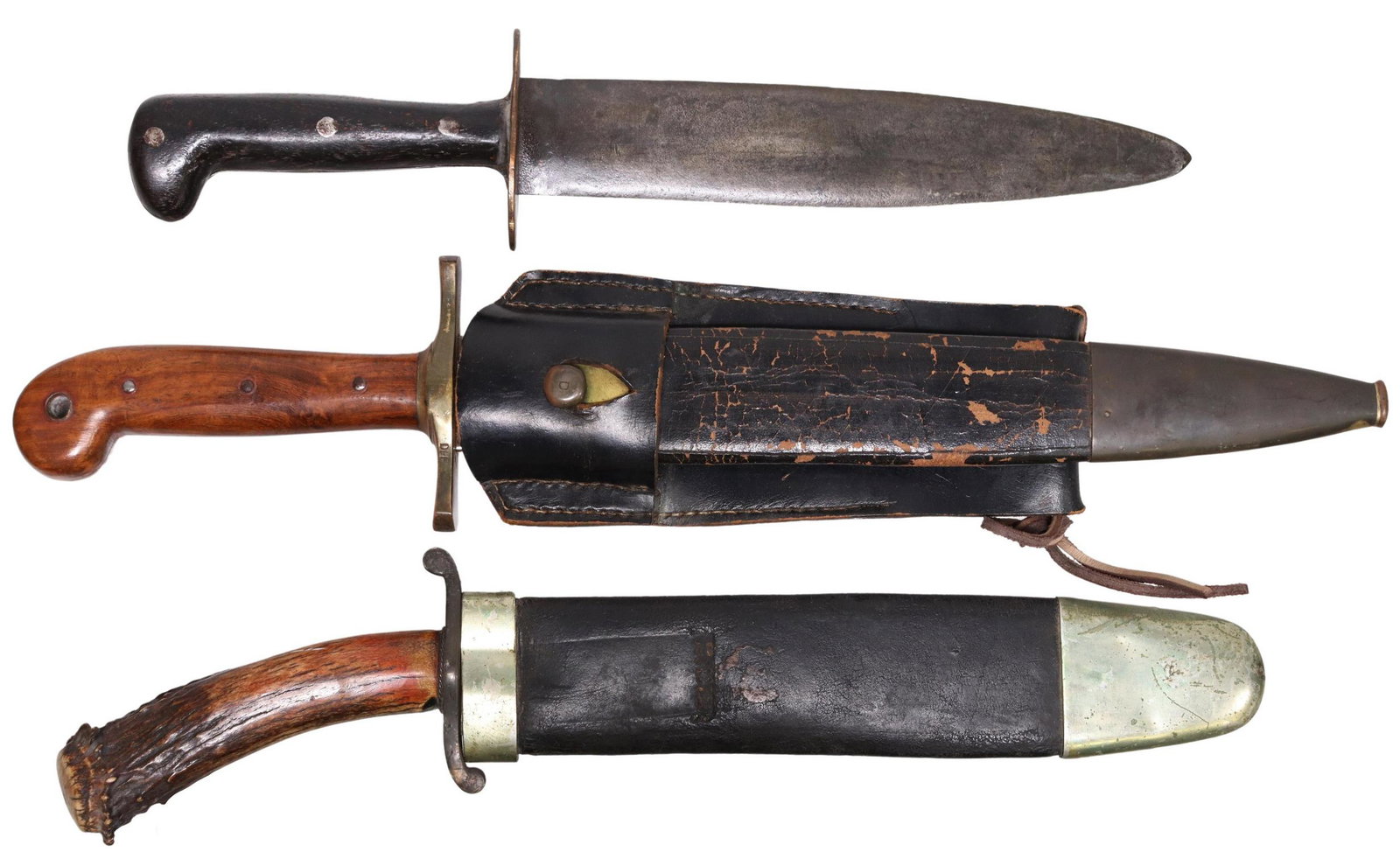 (3) FIXED BLADE KNIFE, ONE NEW US AMES 1849 REPRO: (lot of 3) Vintage fixed blade knives: (1) Ames 1849 U.S. Mounted Rifleman's knife copy,12" (original was 11.75"l) spear point blade marked at the ricasso, with an incorrect arched mark "Ames Mfg. Co,
