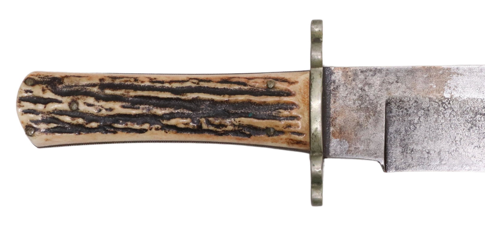 VINTAGE SPEAR POINT KNIFE, 13.75" BLADE: Vintage knife having an unmarked 9.25" spear point blade, aluminum guard, five pin antler scales, overall: 13.75"l, complete with leather sheath Start Price: $80.00