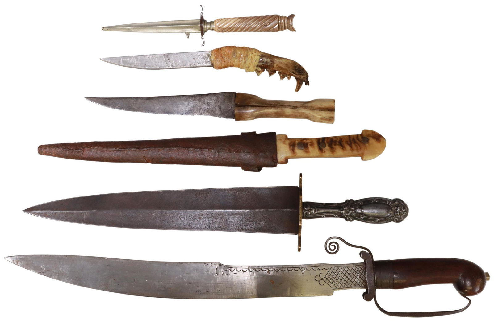 (6) VARIOUS UNUSUAL FIXED BLADE KNIVES: (lot of 6) Knives, some unusual: (1) Quatrefoil dagger having am unmarked 4.1/8" blade, shaped steel guard, handle appears to be dyed bone, quatrefoil metal sheath with bent toe, overall: 8.75"l; (1)