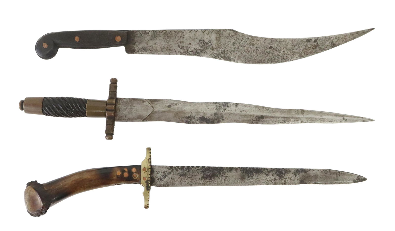 (3) VINTAGE KNIVES, DAGGERS: (lot of 3) Vintage knives: (1) Scorpion blade, Persian form, likely Mexico, late 19th c., 12.75" blade marked with a series of X's on both sides below the straight spine, black three copper pin wood h