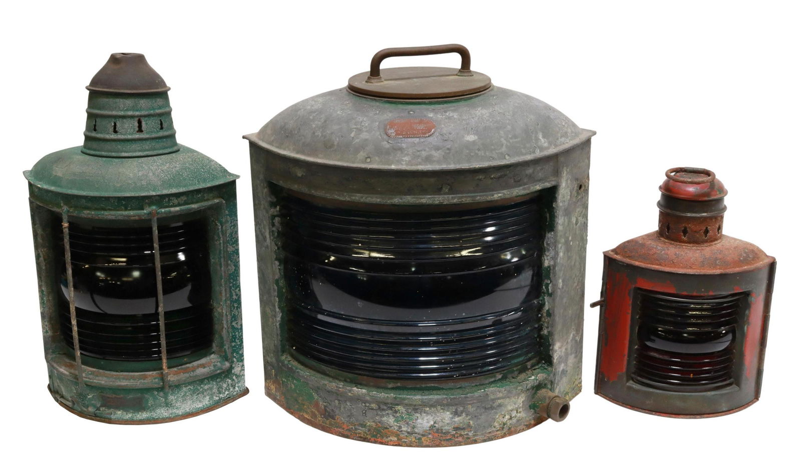 (3) PAINTED METAL HANGING SHIPS LANTERNS: (lot of 3) Hanging ships lanterns, including: (1) A. Ward Hendrickson Company, with remnants of green paint, green glass shade, fitted with single light fixture to interior, approx 15"h, 14"w, 13"d; (
