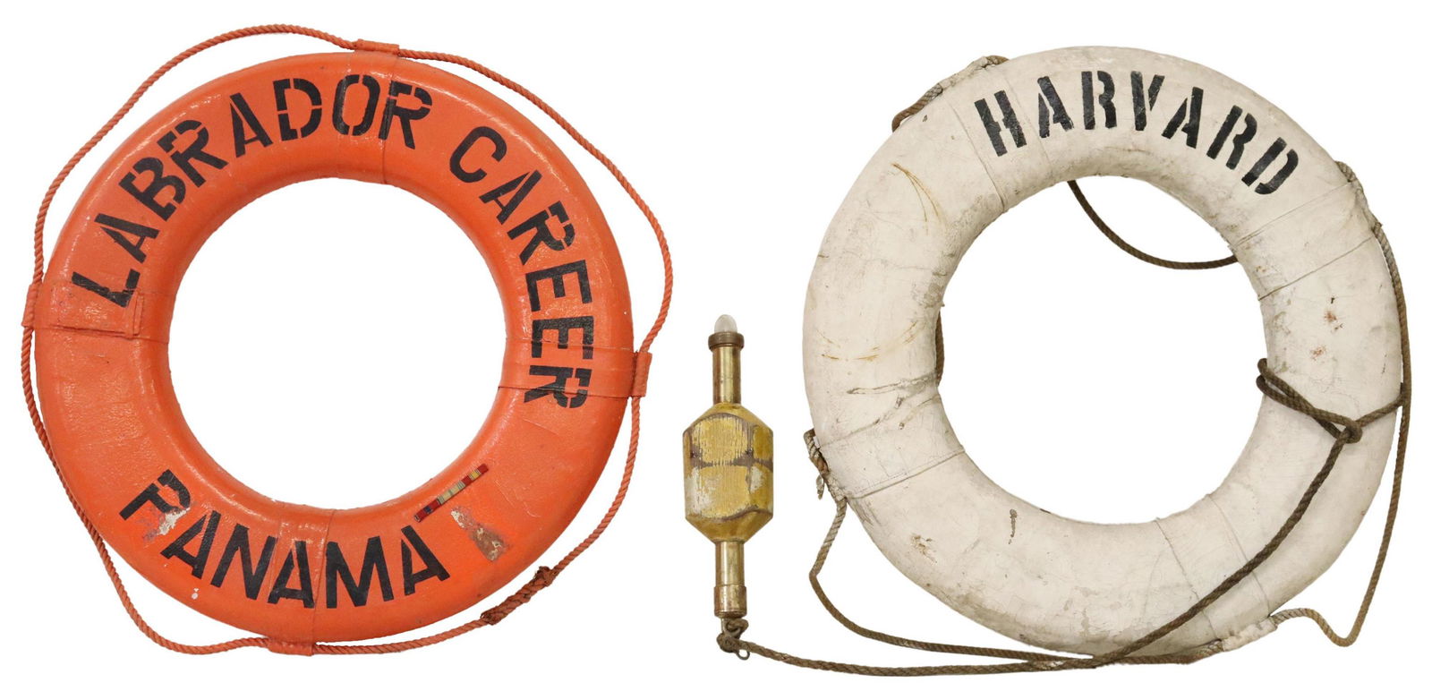 (2) LIFE PRESERVER RINGS & SHIPS RESCUE LIGHT: (lot of 2) Life preserver rings, tied with braided rope, including: (1) marked "Harvard," with gilt metal and wood rescue light attachment, light: approx 16"h, 5"w, 5"d, life preserver: approx 30"diam