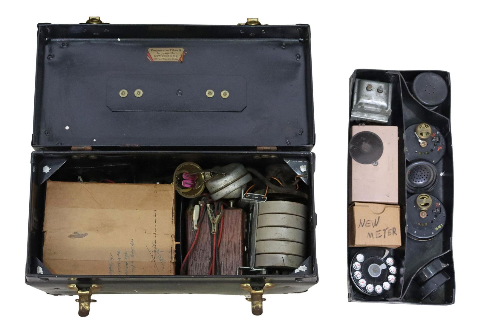 (LOT) VINTAGE TELEPHONE LINEMAN'S TEST KIT BOX: (lot) Vintage telephone lineman's test kit box, various vintage and antique telephone parts, cables, and accessories, highlights include: (3) telephone dials, (two) Western Electric Company, (one) Aut