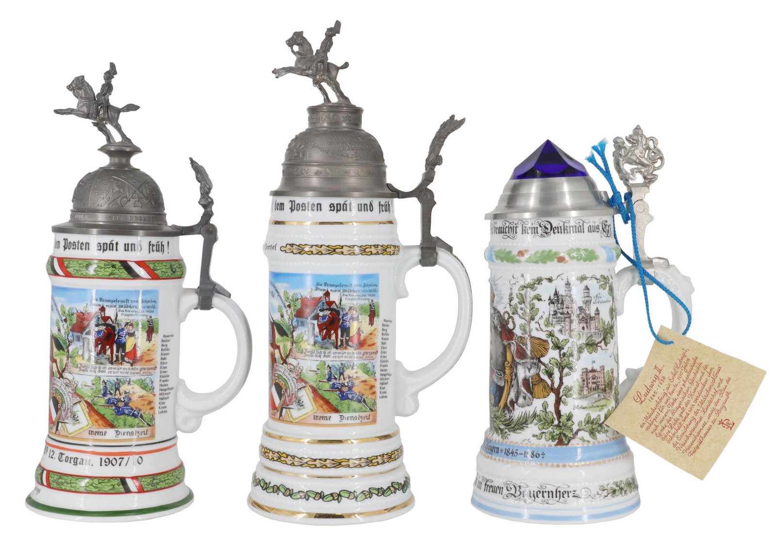 (3) GERMAN REGIMENTAL LITHOPHANE PORCELAIN STEINS: (lot of 3) German regimental lithophane pewter-mounted porcelain steins, including: (2) reservist steins, both with soldier on horseback finial, eagle thumblift, top inscribed "Stolz zu Rob die Kavall