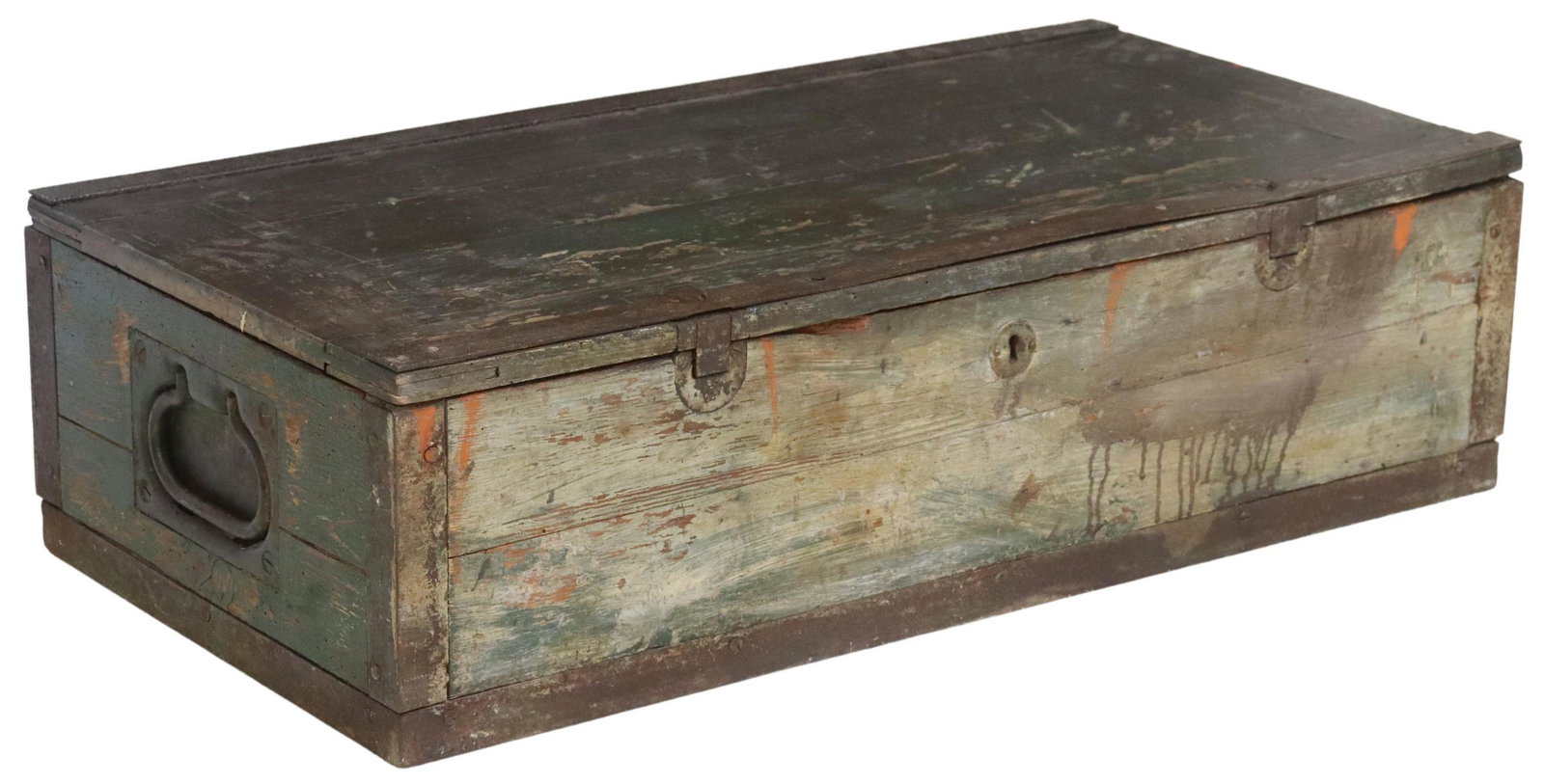 CONTINENTAL IRON-MOUNTED WOOD TOOL CHEST: Continental iron-mounted wood tool chest, 19th c., with dual hinged handles at sides, top push-lock closure, opening to interior fitted with various tool compartments, possibly for carpentry tools, ex