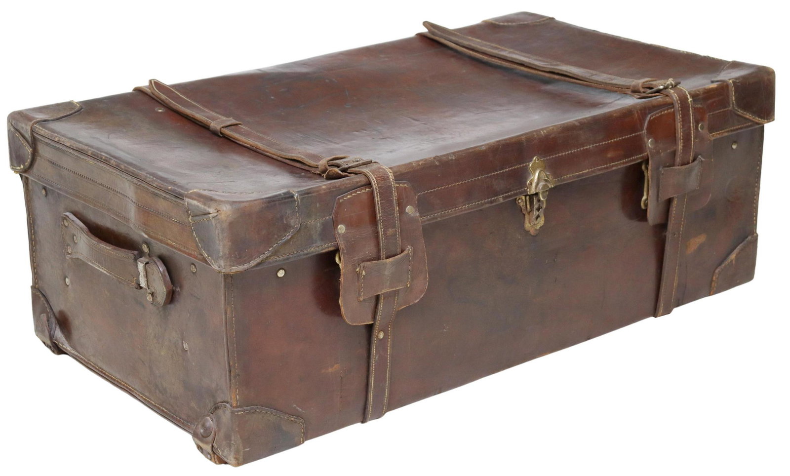 LARGE VINTAGE LEATHER TRUNK SUITCASE: Vintage leather trunk/ suitcase, early to mid 20th c., canvas-lined interior, lid with envelope pocket, exterior wood runners, lacking interior tray, creasing and wear to leather, approx 12.75"h, 36"w