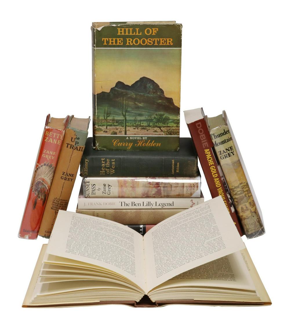 (11) BOOKS: AMERICAN WESTERN NOVELS, ZANE GREY: (lot of 11) Books: American western novels, including: (1) "Hill of the Rooster," by Curry Holden, signed first edition, New York: Henry Holt and Company, 1956, 319 pages; (1) "Heart of the West," by 